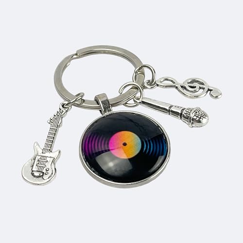 Llavero dj disco vinilo Multicolor - Llavero para llaves con disco vinilo de tocadiscos, llave de sol, micrófono y guitarra eléctrica - Regalo para amantes de la música - Llavero unisex