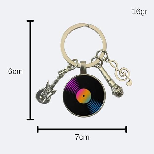 Llavero dj disco vinilo Multicolor - Llavero para llaves con disco vinilo de tocadiscos, llave de sol, micrófono y guitarra eléctrica - Regalo para amantes de la música - Llavero unisex