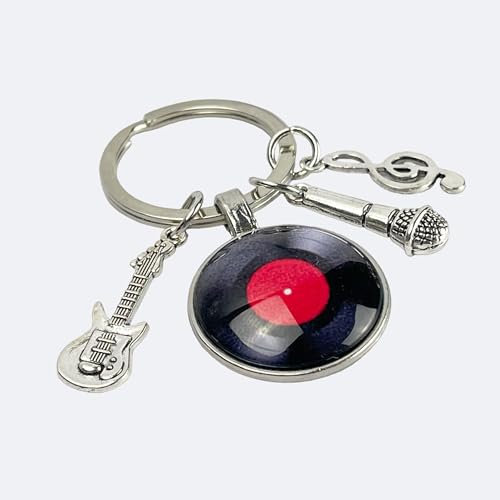 Llavero dj disco vinilo Rojo - Llavero para llaves con disco vinilo de tocadiscos, llave de sol, micrófono y guitarra eléctrica - Regalo para amantes de la música - Llavero unisex