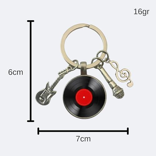 Llavero dj disco vinilo Rojo - Llavero para llaves con disco vinilo de tocadiscos, llave de sol, micrófono y guitarra eléctrica - Regalo para amantes de la música - Llavero unisex