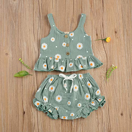 Loalirando Bebé Niña Conjunto Verano de Dos Piezas Traje de Ropa Floral para Niña Pequeña Juego Camiseta sin Manga Chaleco de Volantes + Pantalones Cortos Braguitas para Chica (Verde, 12-24 meses)