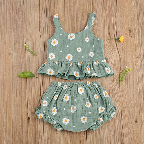 Loalirando Bebé Niña Conjunto Verano de Dos Piezas Traje de Ropa Floral para Niña Pequeña Juego Camiseta sin Manga Chaleco de Volantes + Pantalones Cortos Braguitas para Chica (Verde, 12-24 meses)