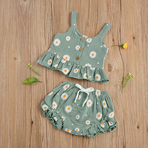 Loalirando Bebé Niña Conjunto Verano de Dos Piezas Traje de Ropa Floral para Niña Pequeña Juego Camiseta sin Manga Chaleco de Volantes + Pantalones Cortos Braguitas para Chica (Verde, 12-24 meses)