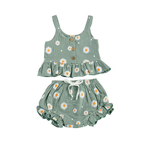 Loalirando Bebé Niña Conjunto Verano de Dos Piezas Traje de Ropa Floral para Niña Pequeña Juego Camiseta sin Manga Chaleco de Volantes + Pantalones Cortos Braguitas para Chica (Verde, 12-24 meses)