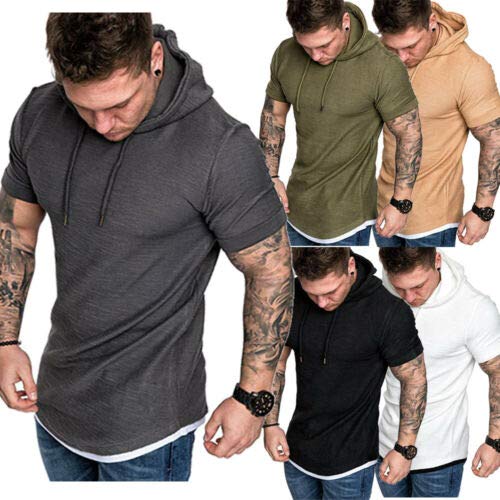 Loalirando Sudadera de Verano para Hombre Top Sudadera de Manga Corta con Capucha Camiseta Deportiva de Color Sólido para Hombres T-Shirt Slim Ajustado con Cordón para Diario Deporte (Negro, L)