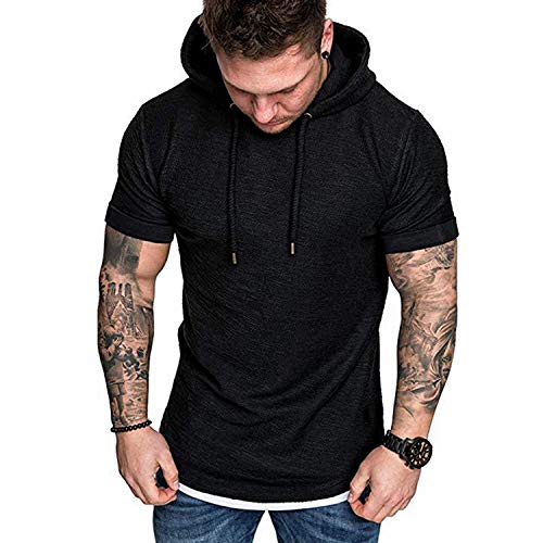 Loalirando Sudadera de Verano para Hombre Top Sudadera de Manga Corta con Capucha Camiseta Deportiva de Color Sólido para Hombres T-Shirt Slim Ajustado con Cordón para Diario Deporte (Negro, L)