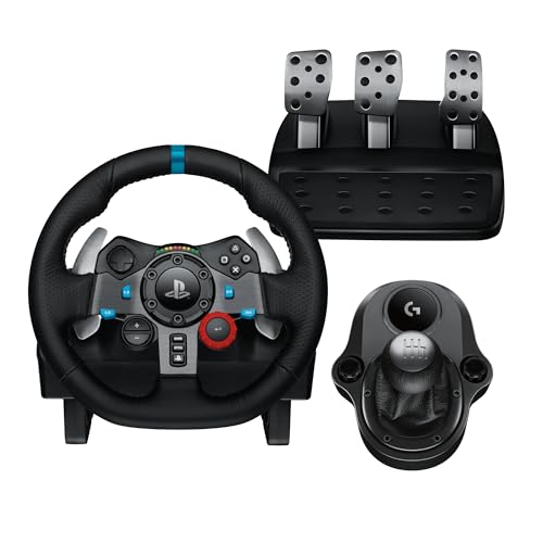 Logitech G G29 Volante y Pedales de Carrera, Force Feedback, para PS5, PS4, PC y MAC y Palanca de Cambio para Volante, 6 Velocidades, Marcha Atrás a Presion, Acero y Cuero auténtico