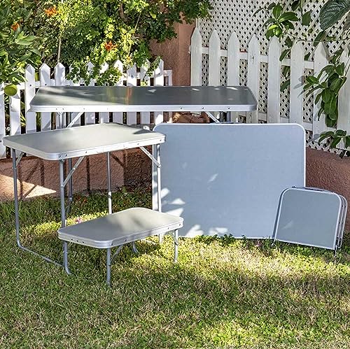 LOLAhome Mesa de Camping Plegable de Acero con encimera Efecto Madera Gris de 120x60x70 cm