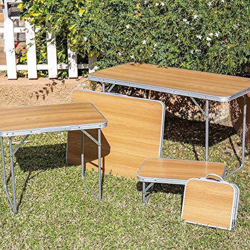 LOLAhome Mesa de Camping Plegable de Acero con encimera Efecto Madera Nogal marrón de 80x60x70 cm