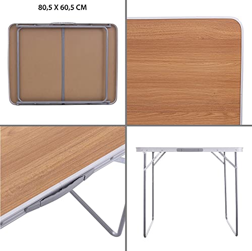 LOLAhome Mesa de Camping Plegable de Acero con encimera Efecto Madera Nogal marrón de 80x60x70 cm