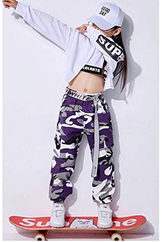 LOLANTA 2 Piezas Niñas Hip Hop Street Dance Solo Ropa Set Crop Tank Top+Camuflaje Jogger Pantalones, Morado, 140