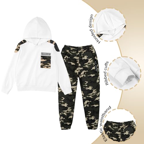 LOLANTA 2PCS Niños Chándal Conjunto Sudadera con Capucha y Camuflaje Cargo Pantalones Traje, Blanco, 8-9 años, 140