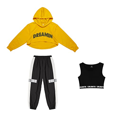 LOLANTA 3Pcs Girls Hip Hop Dance Costume Niños Street Dance Clothes Set Sudadera Corta con Capucha, Camiseta sin Mangas, Pantalones Reflectantes