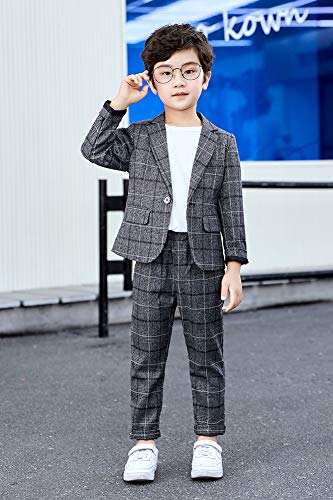 LOLANTA Conjunto de Traje de 2 Piezas para niños Conjunto de Blazer y pantalón Gris a Cuadros para niños, Ropa de Ocio o Vestido de Fiesta de Boda, Gris Oscuro, 170