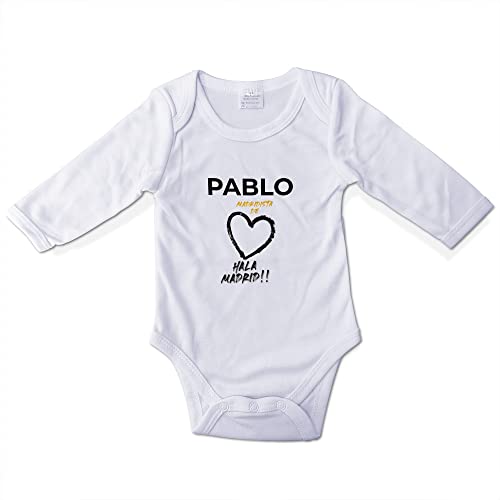 LolaPix Body Madrid Personalizado. Body de tu Equipo de fútbol. Body Personalizado con Nombre. Bebe, niño, niña. Mameluco. Pelele. Manga Larga. Regalos Personalizados. Tallas de 0 a 18 Meses.