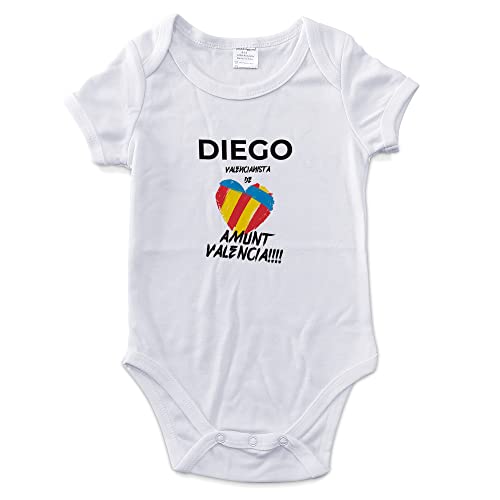 LolaPix Body Valencia Personalizado de tu Equipo de fútbol con Nombre para ebe, niño, niña. Mameluco. Pelele. Manga Corta. Regalos Personalizados. Tallas de 0 a 18 Meses.