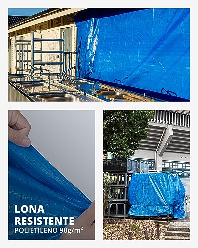 Lona Impermeable para Exterior con Ojales de Aluminio y Esquinas Reforzadas, Varios Tamaños, Color Azul, Multiusos, Polietileno (PE), TBS032 (3 x 4 m, Azul/Gris)