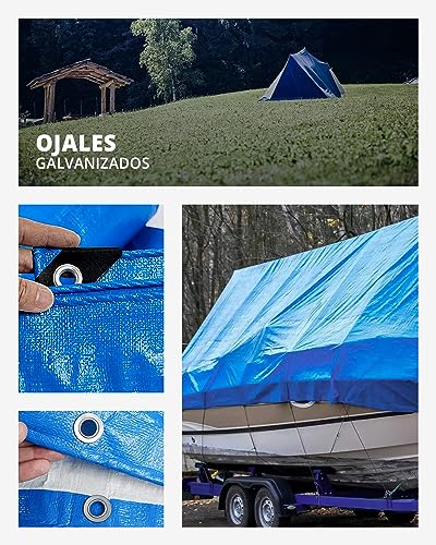 Lona Impermeable para Exterior con Ojales de Aluminio y Esquinas Reforzadas, Varios Tamaños, Color Azul, Multiusos, Polietileno (PE), TBS032 (3 x 4 m, Azul/Gris)