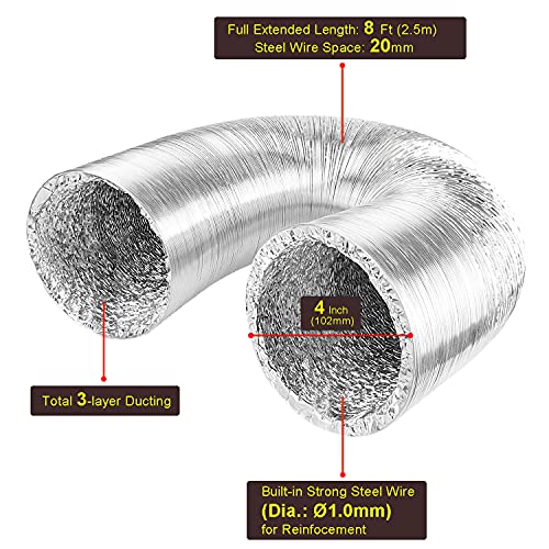 LOOTICH Tubo Flexible de Aluminio Ø102mm Longitud 2.5m para Conducto de Aire de Ventilación Sistemas con 2 Abrazaderas de Acero