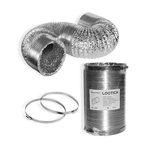 LOOTICH Tubo Flexible de Aluminio Ø102mm Longitud 2.5m para Conducto de Aire de Ventilación Sistemas con 2 Abrazaderas de Acero