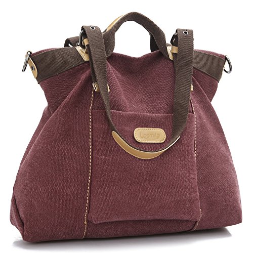 LOSMILE Bolsos de mano para mujer, Bolso de Bandolera Totes Shopper Viajar Hobo de Lona. (vino tinto)