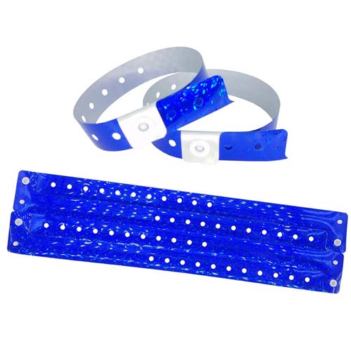 Lote de 100 pulseras, de plástico/vinilo, azul holográfico, para eventos/festivales, impermeables, 25 x 1,5 cm