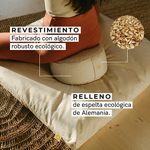 Lotuscrafts Cojin Meditacion Yoga Lotus - Altura 15 cm - Relleno de Espelta - Cubierta en Algodon Lavable- Zafu Meditación - Cojin Suelo Redondo - Cojin Yoga - Meditation Cushion - Certificado Gots