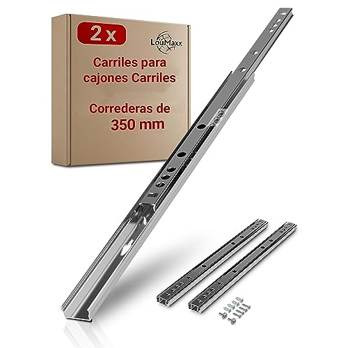 LouMaxx Set de 2 Correderas de Bolas (1 par) - Guías correderas para Cajones 350mm 27 mm de ranura | carriles para cajones - sistema de correderas para cajones de alta calidad