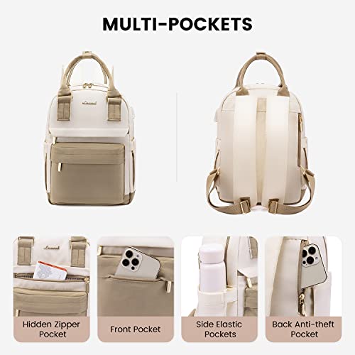 LOVEVOOK Mochila Mujer Pequeña, Bolso Mochila Viaje Antirrobo con Puerto de Carga USB, Impermeable Casual Mini Backpack para Oficina Universidad Compras Uso Diario, Caqui Beige