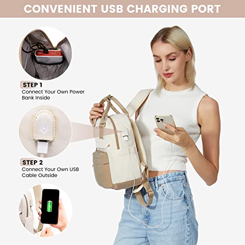 LOVEVOOK Mochila Mujer Pequeña, Bolso Mochila Viaje Antirrobo con Puerto de Carga USB, Impermeable Casual Mini Backpack para Oficina Universidad Compras Uso Diario, Caqui Beige