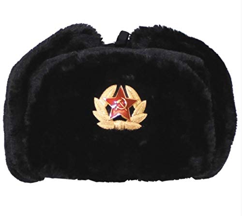 Loxdonz Sombrero militar ruso Ushanka con orejeras e insignia soviética, sombrero de esquí para invierno, Negro -, talla única