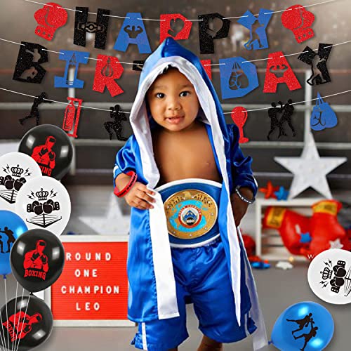 LSJDEER Decoración de Fiesta de cumpleaños de Combate de Boxeo – Boxeo Feliz cumpleaños Banner Cake Toppers Globos Mantel Pulsera para Suministros para Fiestas de Lucha Libre