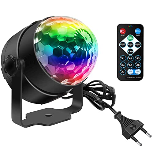 Luces Discoteca, SEBRUANC Mini bola giratoria LED 3W RGB, Rotación de 360° Activada por Sonido Luces de Fiesta de Bola de Discoteca con Control Remoto for home, birthday, KTV, Christmas 1pc