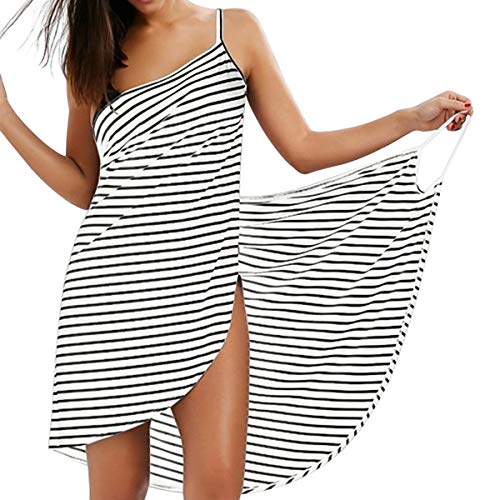 LumiSyne Vestido De Playa Mujer Bikini Cover Ups Vestido De Bikini Raya Moda Sexy Cuello En v Ropa De Baño Camisolas Pareos De Playa,Blanco,3XL