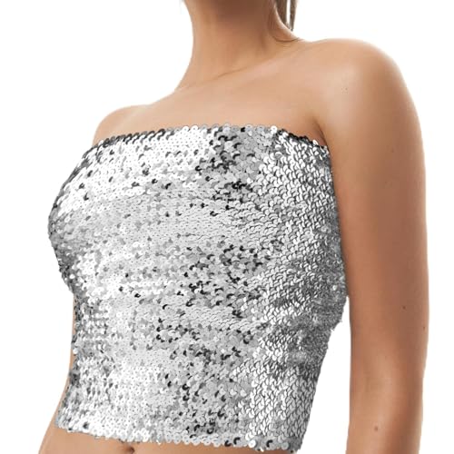 Lusofie Falda de Lentejuelas Top Bandeau con Purpurina para Danza del Vientre Pantalones Cortos Top de Lentejuelas sin Tirantes para Mujer Traje de Fiesta Club Traje de Danza del Vientre