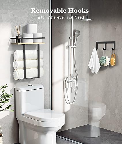 Luxspire Toallero de Pared para Baño, Soporte de Toallas Montado en la Pared con Estante de Almacenaje y 3 Ganchos para Toallas de Mano Toallas Grandes, para Baño Aseo Lavandería, Negro+Madera