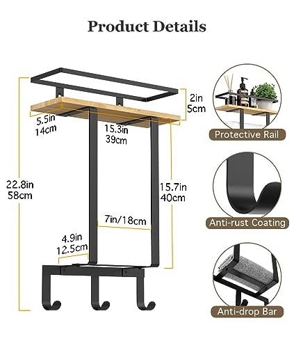 Luxspire Toallero de Pared para Baño, Soporte de Toallas Montado en la Pared con Estante de Almacenaje y 3 Ganchos para Toallas de Mano Toallas Grandes, para Baño Aseo Lavandería, Negro+Madera