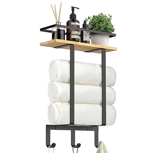 Luxspire Toallero de Pared para Baño, Soporte de Toallas Montado en la Pared con Estante de Almacenaje y 3 Ganchos para Toallas de Mano Toallas Grandes, para Baño Aseo Lavandería, Negro+Madera