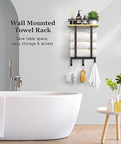 Luxspire Toallero de Pared para Baño, Soporte de Toallas Montado en la Pared con Estante de Almacenaje y 3 Ganchos para Toallas de Mano Toallas Grandes, para Baño Aseo Lavandería, Negro+Madera