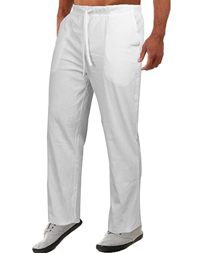 LVCBL Pantalones largos de lino para hombre, pantalones de verano anchos con cordón, pantalones de yoga con bolsillos, aireados, protección solar, pantalones de playa, Blanco, L