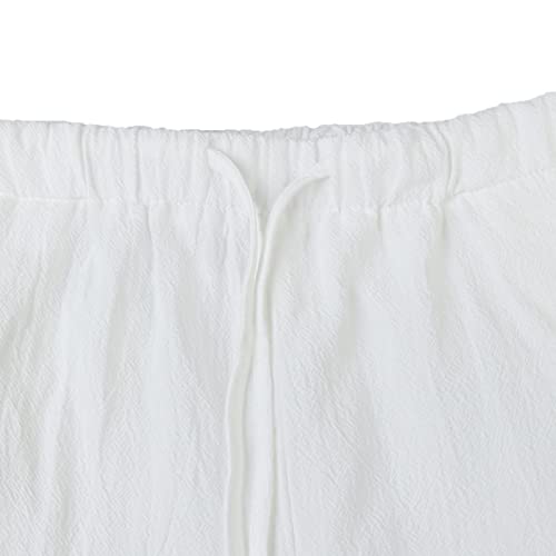 LVCBL Pantalones largos de lino para hombre, pantalones de verano anchos con cordón, pantalones de yoga con bolsillos, aireados, protección solar, pantalones de playa, Blanco, L