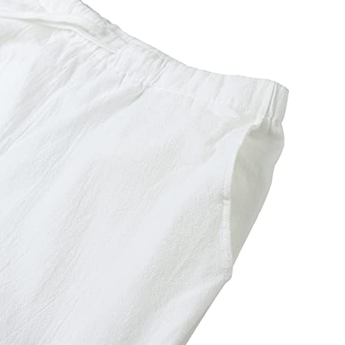 LVCBL Pantalones largos de lino para hombre, pantalones de verano anchos con cordón, pantalones de yoga con bolsillos, aireados, protección solar, pantalones de playa, Blanco, L