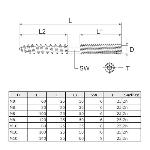 M10x80mm Pernos de Suspensión Torx, Tornillos de Doble Roscados, Pasadores Roscados, Sujetador con Hexagonal y T25, Tornillo de Pared, Zincado Perno Métrico y Tornillo para madera (10 piezas)