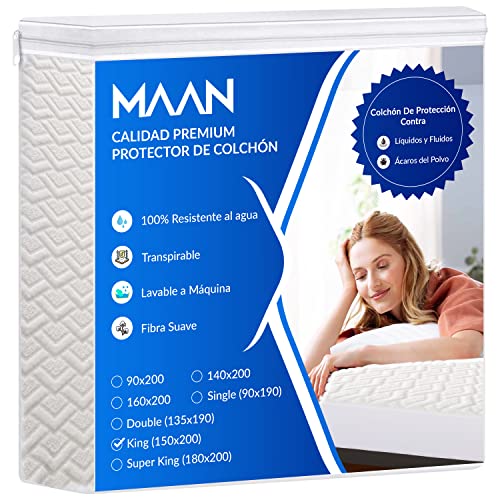 MAAN Bamboo Waterproof Mattress Protector, Extra Deep Fitted Quilted - No Hace Ruido, es Transpirable e hipoalergénico, 3D Air Fabric 220 gsm with TPU Backing Material Talla 150x200