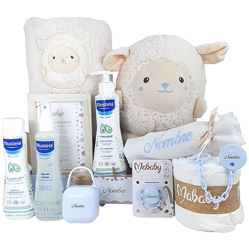 Mababyshop Happy Animals Deluxe, Cesta Regalo Bebé, Canastilla Personalizada para Recién Nacido con Mantay Peluche, Chupete Personalizado y Cosas para Bebes (Ovejita Rosa)