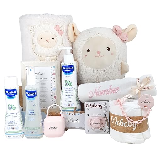 Mababyshop Happy Animals Deluxe, Cesta Regalo Bebé, Canastilla Personalizada para Recién Nacido con Mantay Peluche, Chupete Personalizado y Cosas para Bebes (Ovejita Rosa)