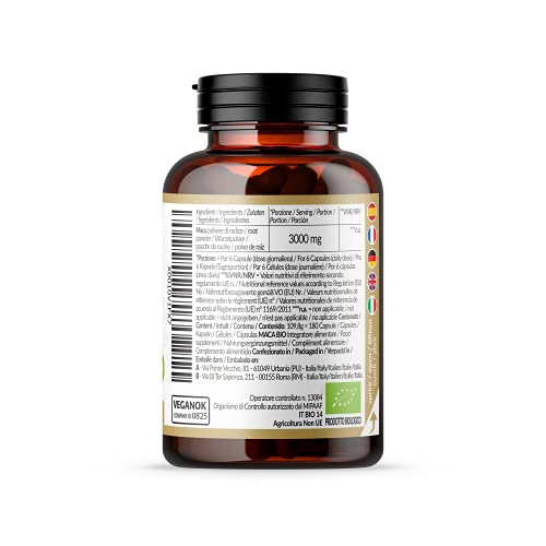 Maca Andina Ecológica en Cápsulas 500mg - 180 cápsulas. Gelatinizada, Bio y Pura, viene de raíz de Maca Peruana Orgánica. NaturaleBio