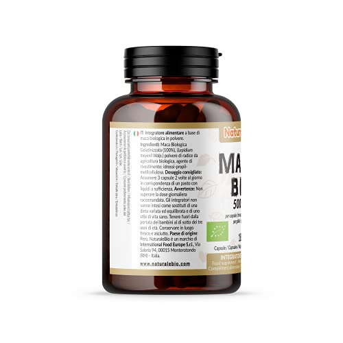 Maca Andina Ecológica en Cápsulas 500mg - 180 cápsulas. Gelatinizada, Bio y Pura, viene de raíz de Maca Peruana Orgánica. NaturaleBio