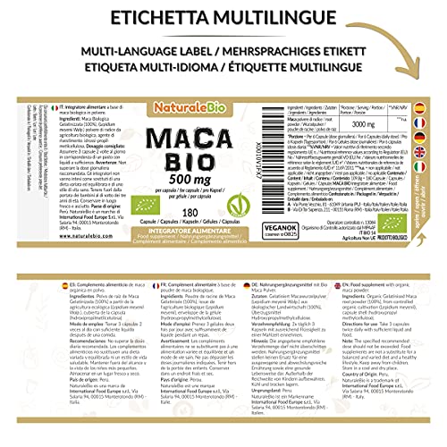 Maca Andina Ecológica en Cápsulas 500mg - 180 cápsulas. Gelatinizada, Bio y Pura, viene de raíz de Maca Peruana Orgánica. NaturaleBio