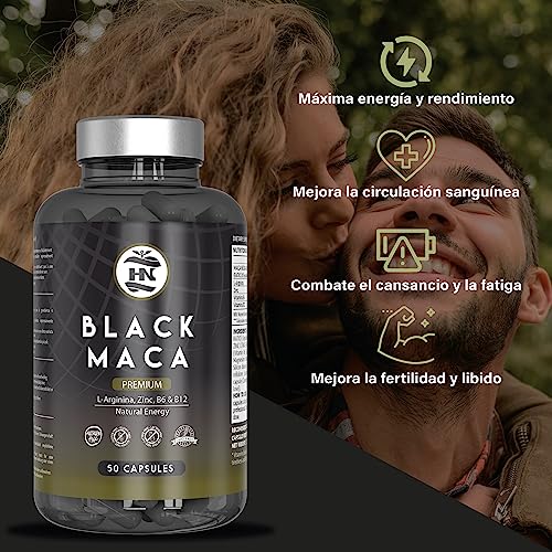 Maca Negra Andina Peruana con L arginina 50 capsulas, Alta concentración para máxima energía y rendimiento, Vitaminas B6 y B12 contra cansancio y fatiga, maka para hombres y mujeres (50 Cápsulas)